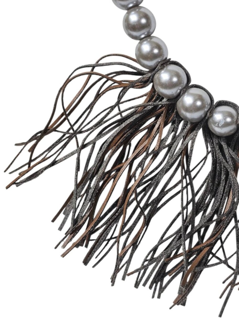Plunder grey faux pearls leather fringe long Necklace Grunge Retro Art - Picture 3 of 8